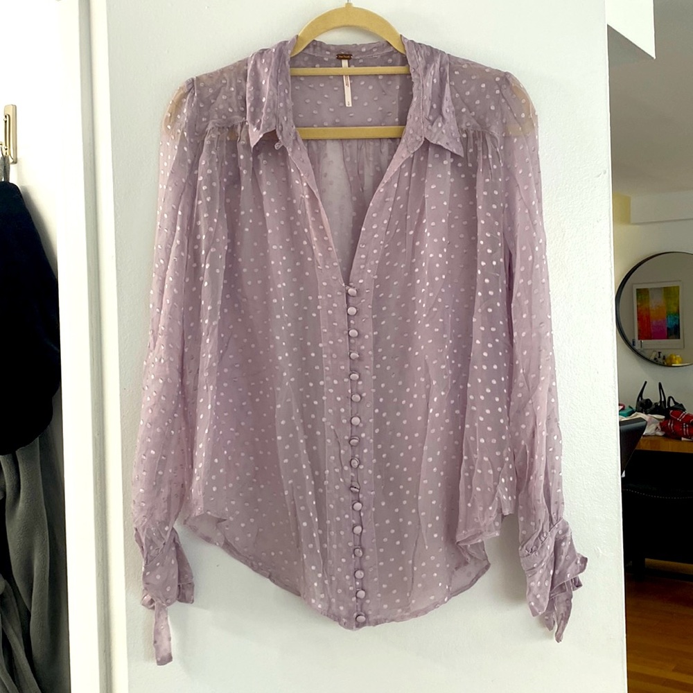 Sheer, purple free people blouse with embroidery pattern size S